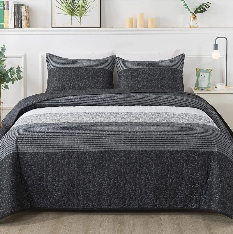 Greyish Black Patchwork Coverlet Set-Quilted Bedspread Sets (3Pcs)