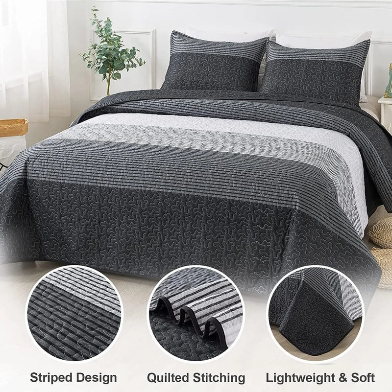 Greyish Black Patchwork Coverlet Set-Quilted Bedspread Sets (3Pcs)