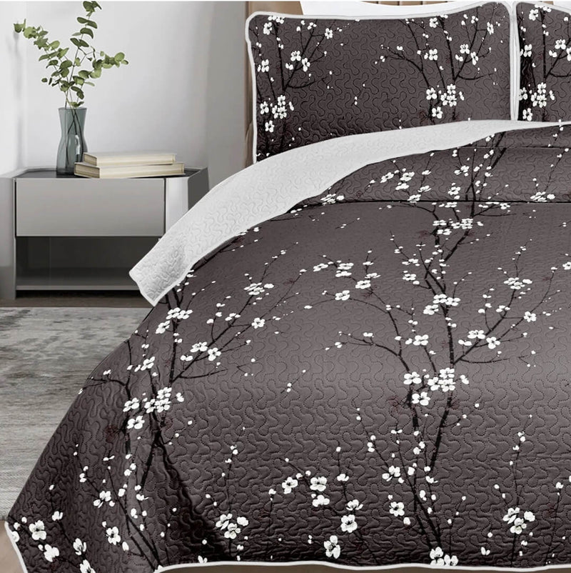 Grey Botanical Coverlet Set-Quilted Bedspread Sets (3Pcs)