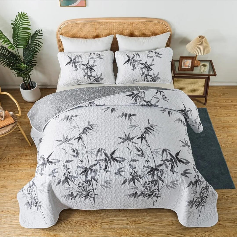 Coverlet Set-Grey Botanical Quilted Bedspreads Sets (3Pcs)