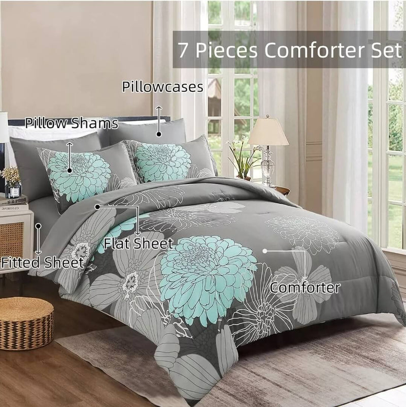 Greyish Floral Quilted 7 Piece Comforter & Fitted/Flat Sheet Set Pillowcases
