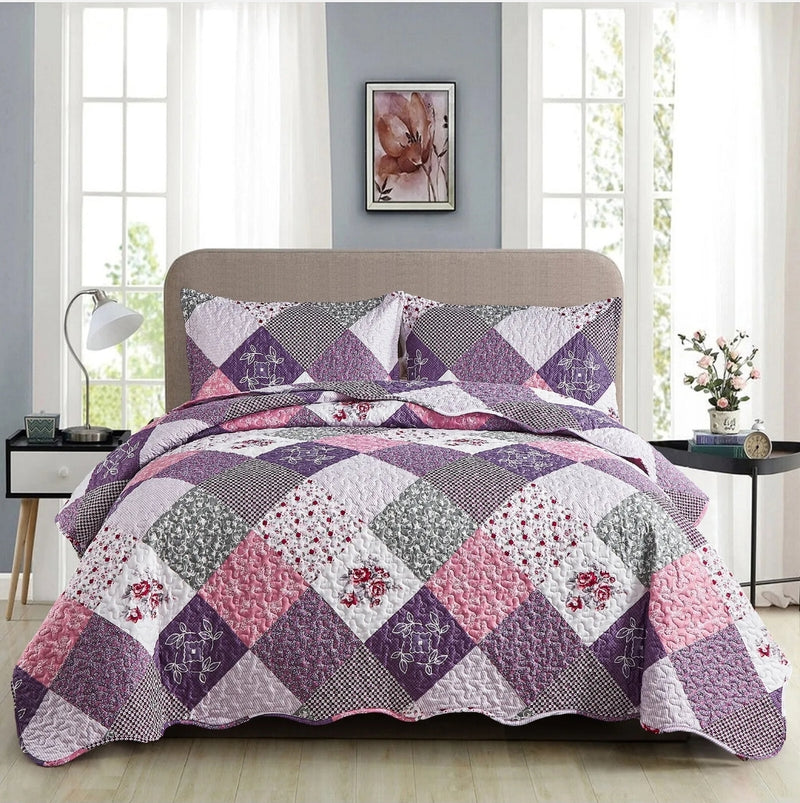 Lavender Patchwork Coverlet Set-Quilted Bedspread Sets (3Pcs)