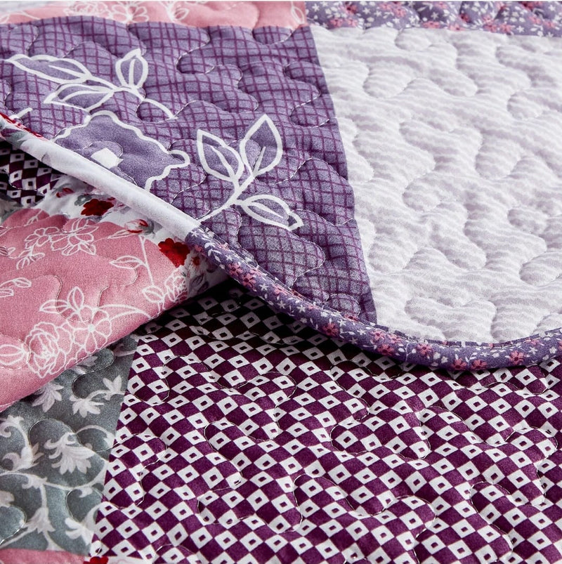 Lavender Patchwork Coverlet Set-Quilted Bedspread Sets (3Pcs)