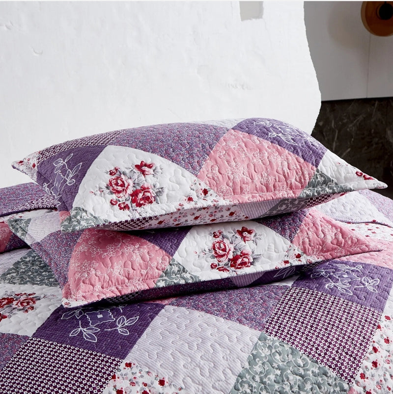 Lavender Patchwork Coverlet Set-Quilted Bedspread Sets (3Pcs)