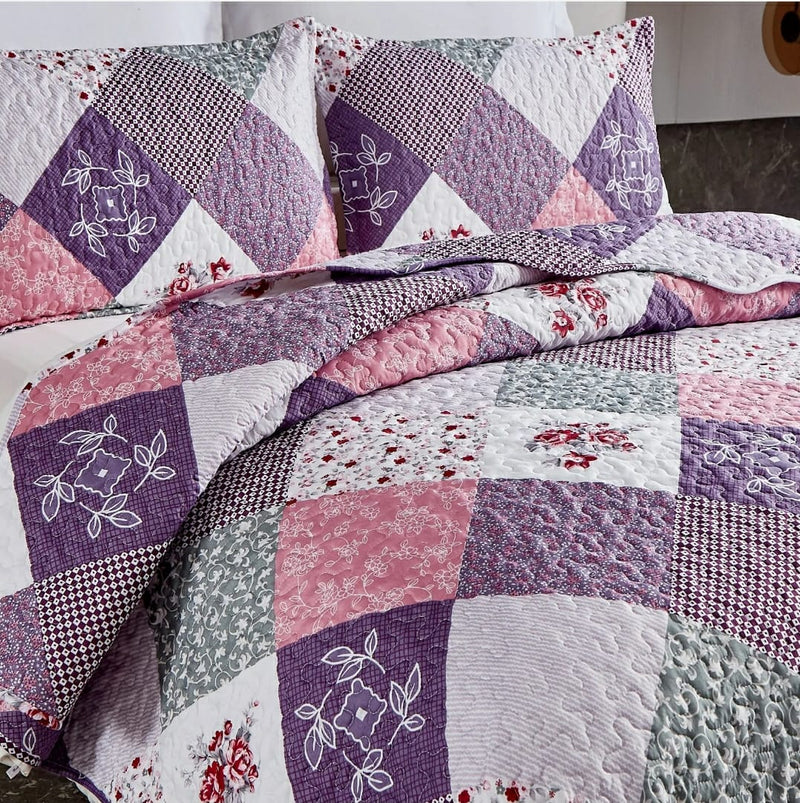Lavender Patchwork Coverlet Set-Quilted Bedspread Sets (3Pcs)