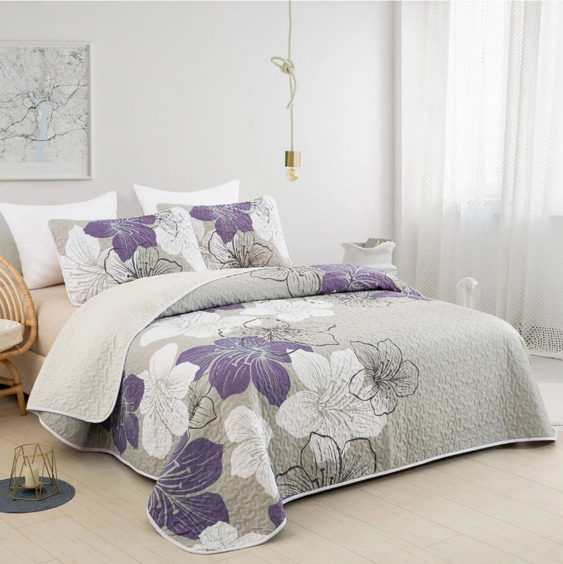 Purple Floral Coverlet Set-Quilted Bedspread Sets (3Pcs)
