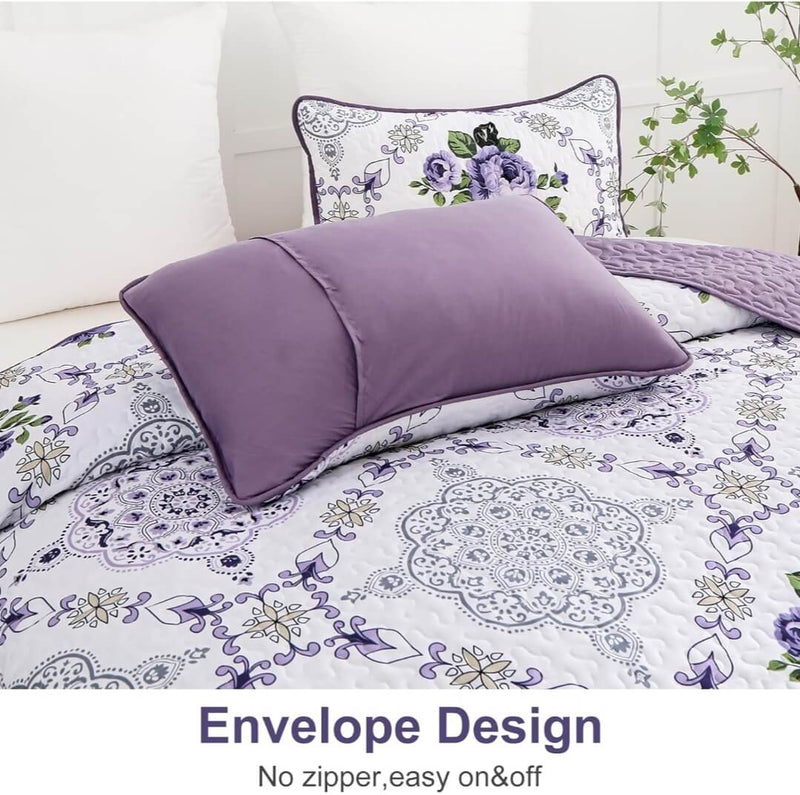 2024 Lavender Floral Quilted Bedspread Coverlet Sets (3Pcs)