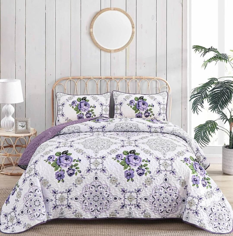 Floral Purple Coverlet Set-Quilted Bedspread Sets (3Pcs)