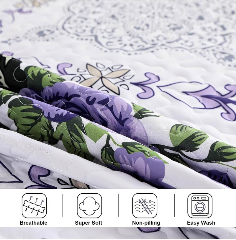 Floral Purple Coverlet Set-Quilted Bedspread Sets (3Pcs)