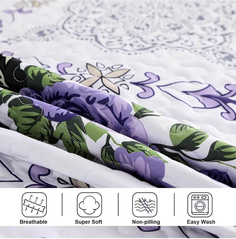 2024 Lavender Floral Quilted Bedspread Coverlet Sets (3Pcs)
