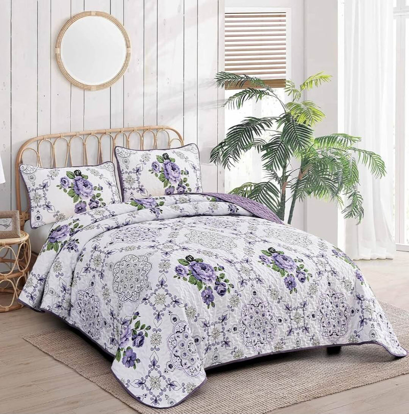 Floral Purple Coverlet Set-Quilted Bedspread Sets (3Pcs)
