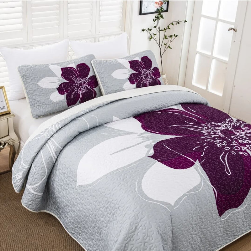 New Purple Floral Coverlet Set-Quilted Bedspread Sets (3Pcs)