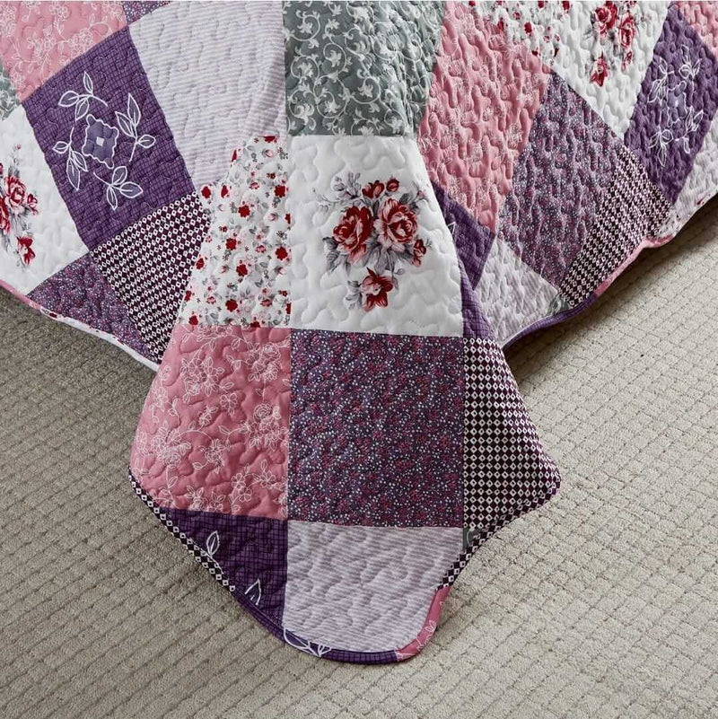 Lavender Patchwork Coverlet Set-Floral Quilted Bedspread Sets (3Pcs)