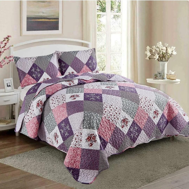 Lavender Patchwork Coverlet Set-Quilted Bedspread Sets (3Pcs)