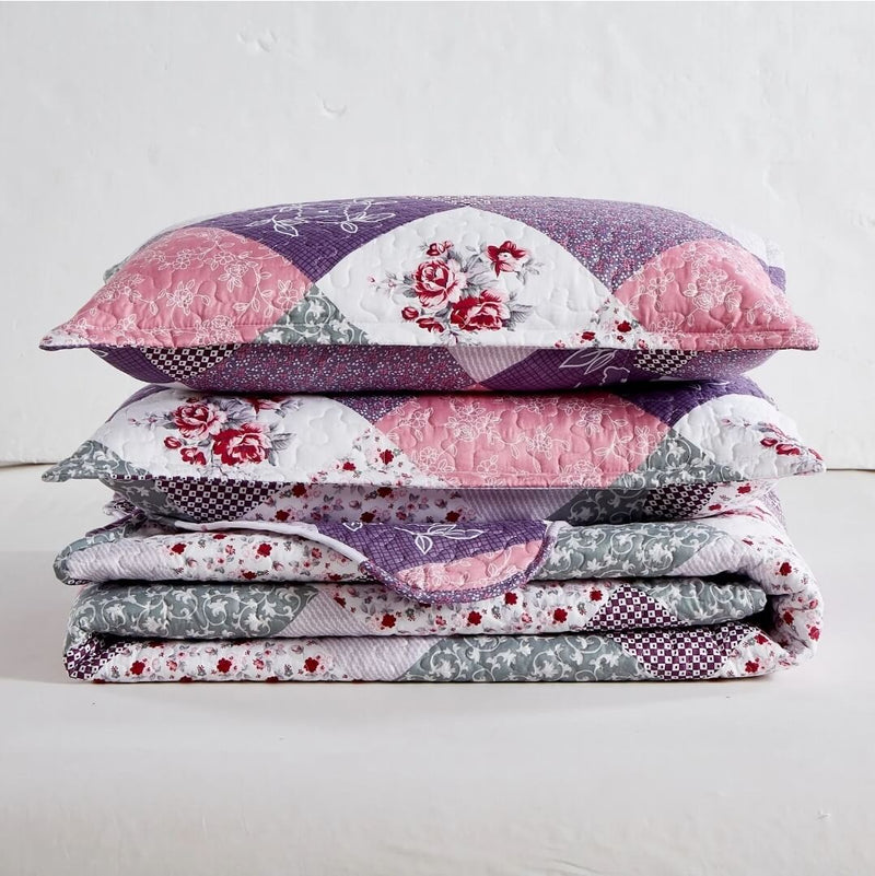 Lavender Patchwork Coverlet Set-Quilted Bedspread Sets (3Pcs)