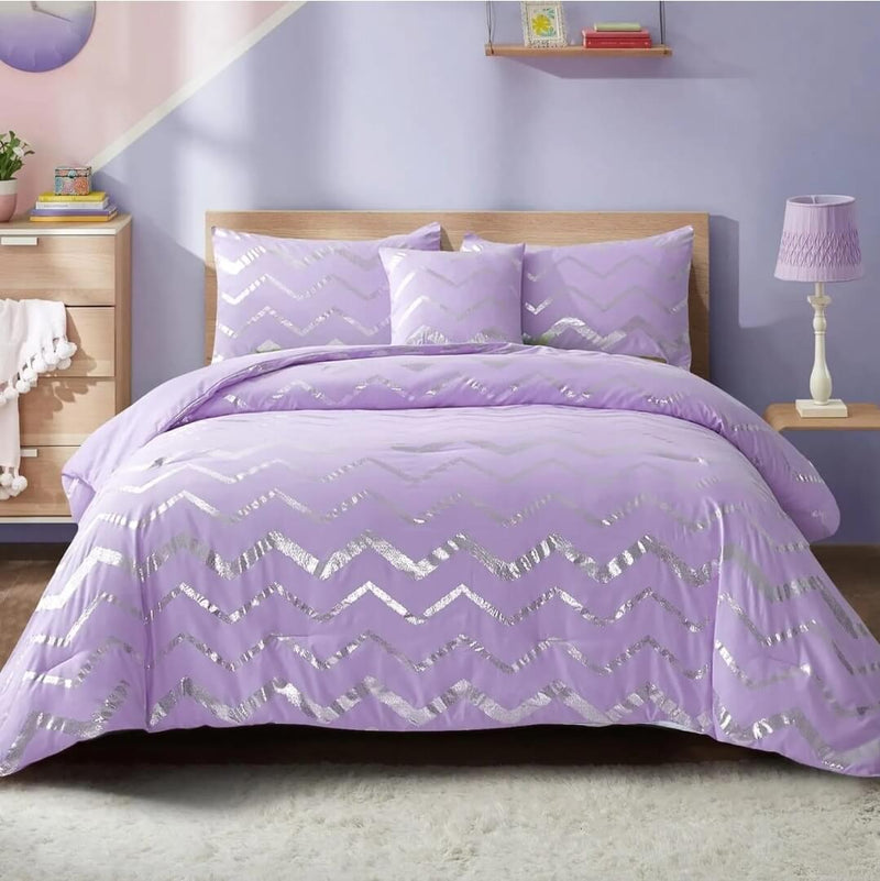 Lavender Striped Comforter Set-Quilt Set (3Pcs)