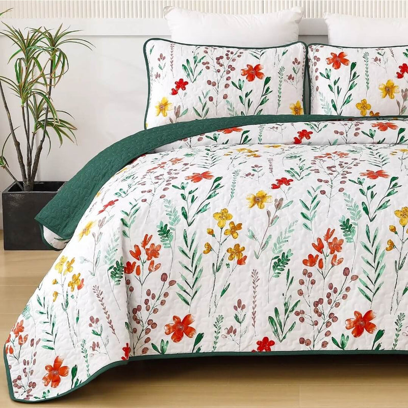 Green Floral Patchwork Coverlet Set-Quilted Bedspread Sets (3Pcs)