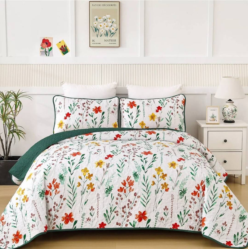 Green Floral Patchwork Coverlet Set-Quilted Bedspread Sets (3Pcs)