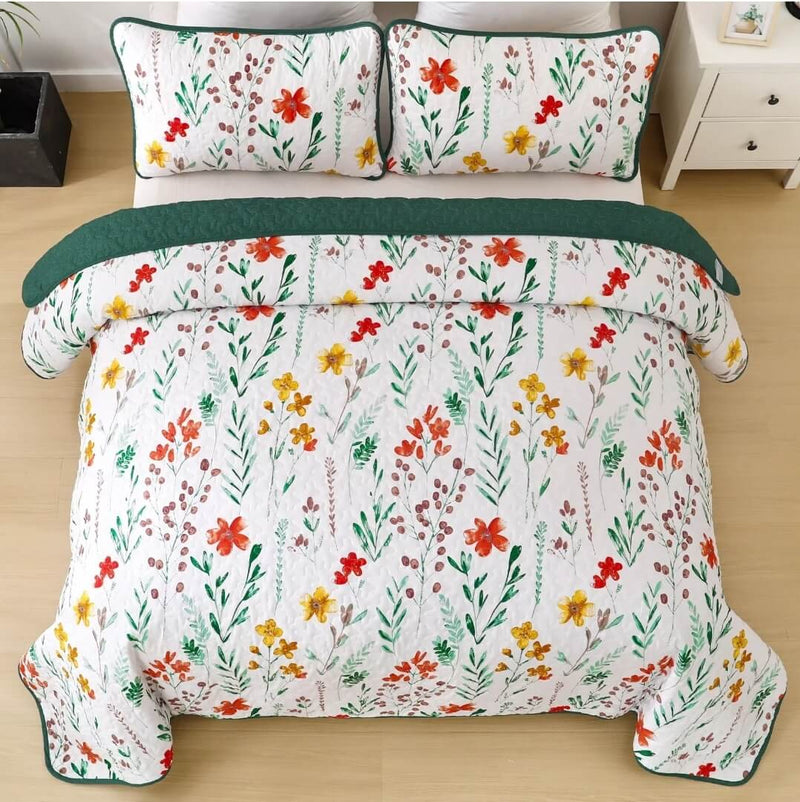 Green Floral Patchwork Coverlet Set-Quilted Bedspread Sets (3Pcs)