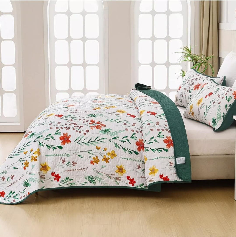 Green Floral Patchwork Coverlet Set-Quilted Bedspread Sets (3Pcs)