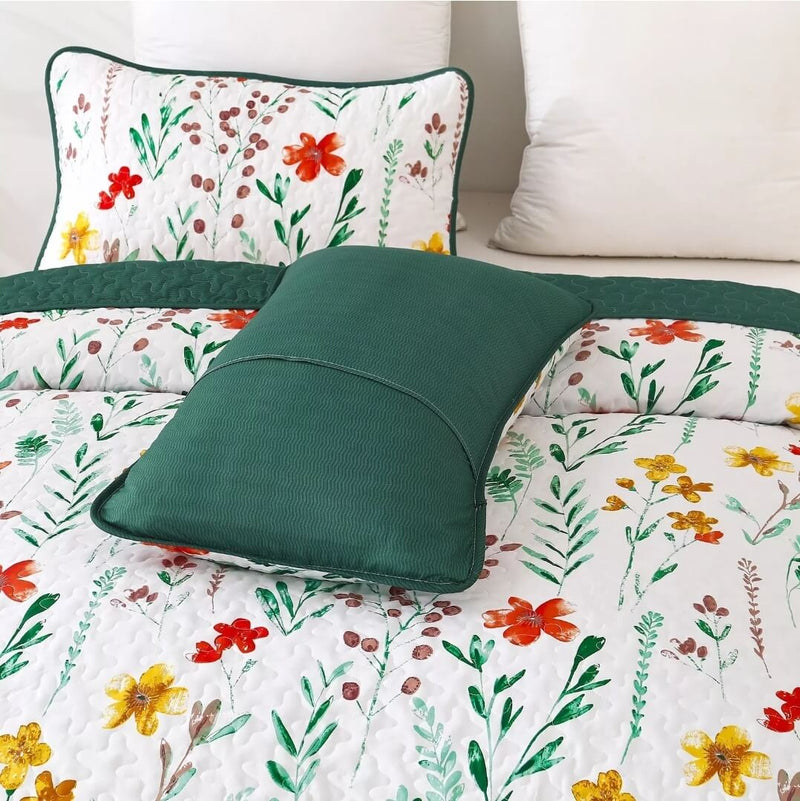 Green Floral Patchwork Coverlet Set-Quilted Bedspread Sets (3Pcs)