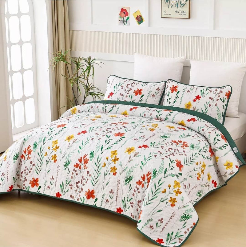 Green Floral Patchwork Coverlet Set-Quilted Bedspread Sets (3Pcs)