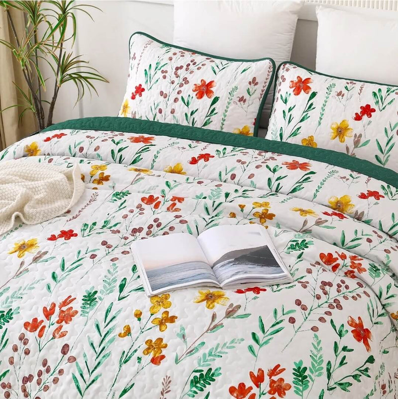 Green Floral Patchwork Coverlet Set-Quilted Bedspread Sets (3Pcs)