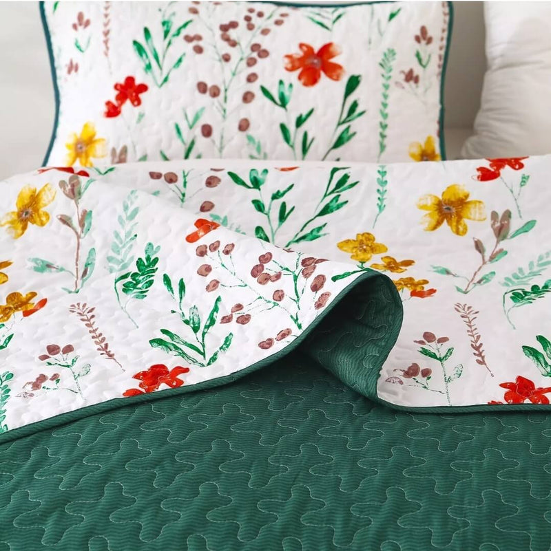 Green Floral Patchwork Coverlet Set-Quilted Bedspread Sets (3Pcs)