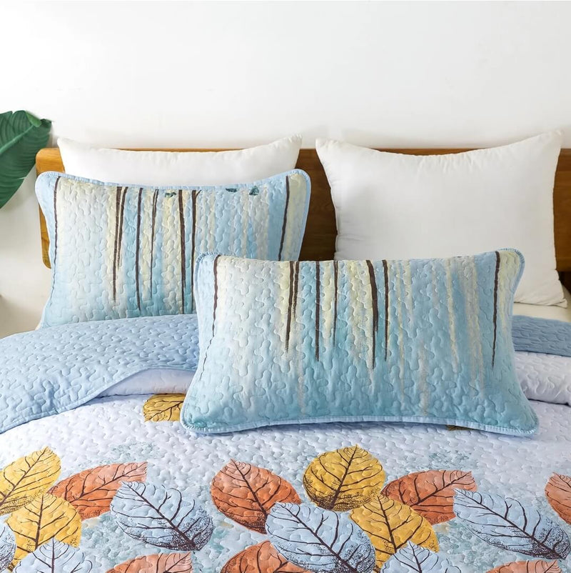 Sky Blue Floral Coverlet Set-Quilted Bedspread Sets (3Pcs)