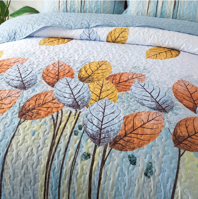 Sky Blue Floral Coverlet Set-Quilted Bedspread Sets (3Pcs)