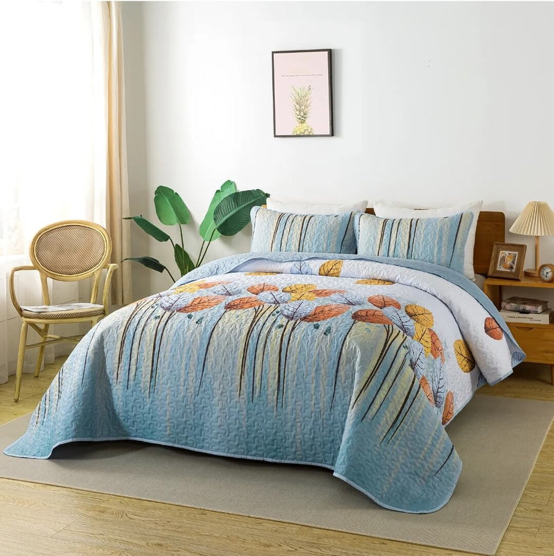 Sky Blue Floral Coverlet Set-Quilted Bedspread Sets (3Pcs)
