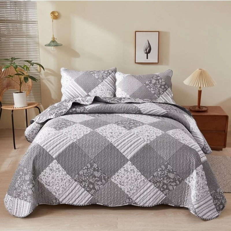 Grey Patchwork Coverlet Set-Floral Quilted Bedspread Sets (3Pcs)