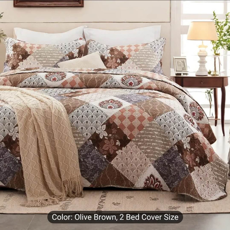 Olive Brown Patchwork Coverlet Set-Quilted Bedspread Sets (3Pcs)