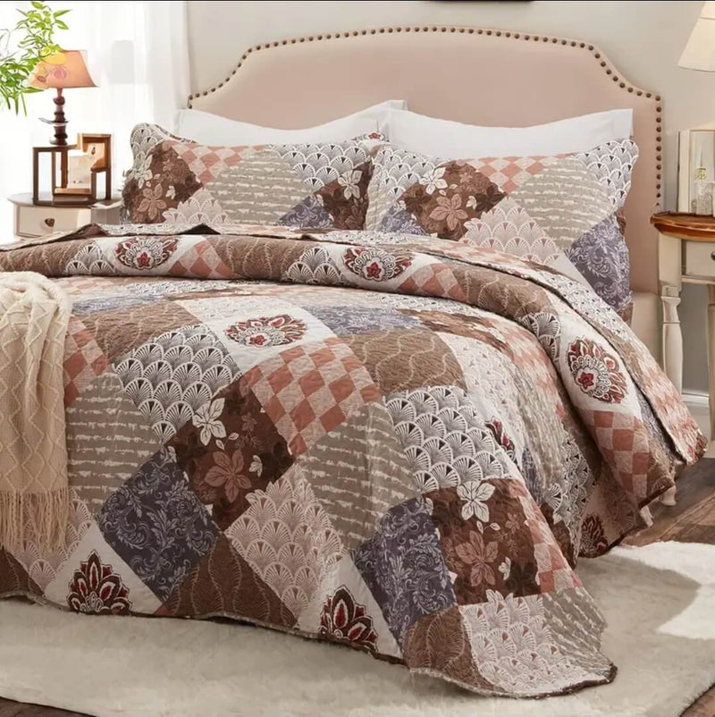 Olive Brown Patchwork Coverlet Set-Quilted Bedspread Sets (3Pcs)