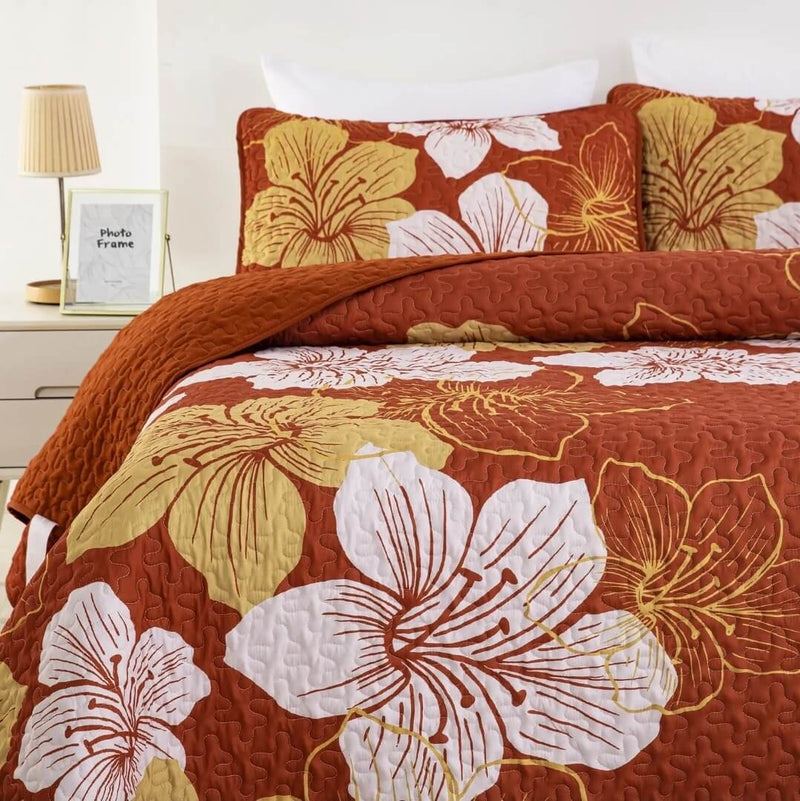 Orange Floral Bedspread Coverlet Set-Quilted Bedspread Sets (3Pcs)
