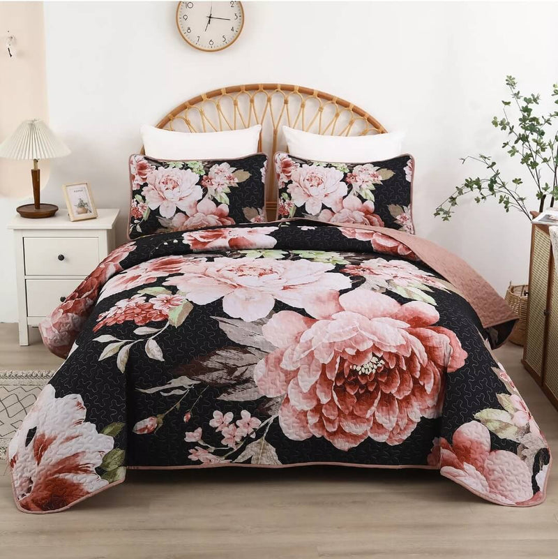 Pink Flower Quilted Bedspread Coverlet Sets (3Pcs)