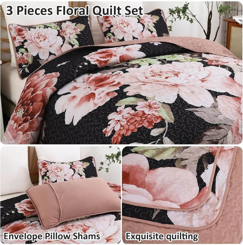 Pink Flower Quilted Bedspread Coverlet Sets (3Pcs)