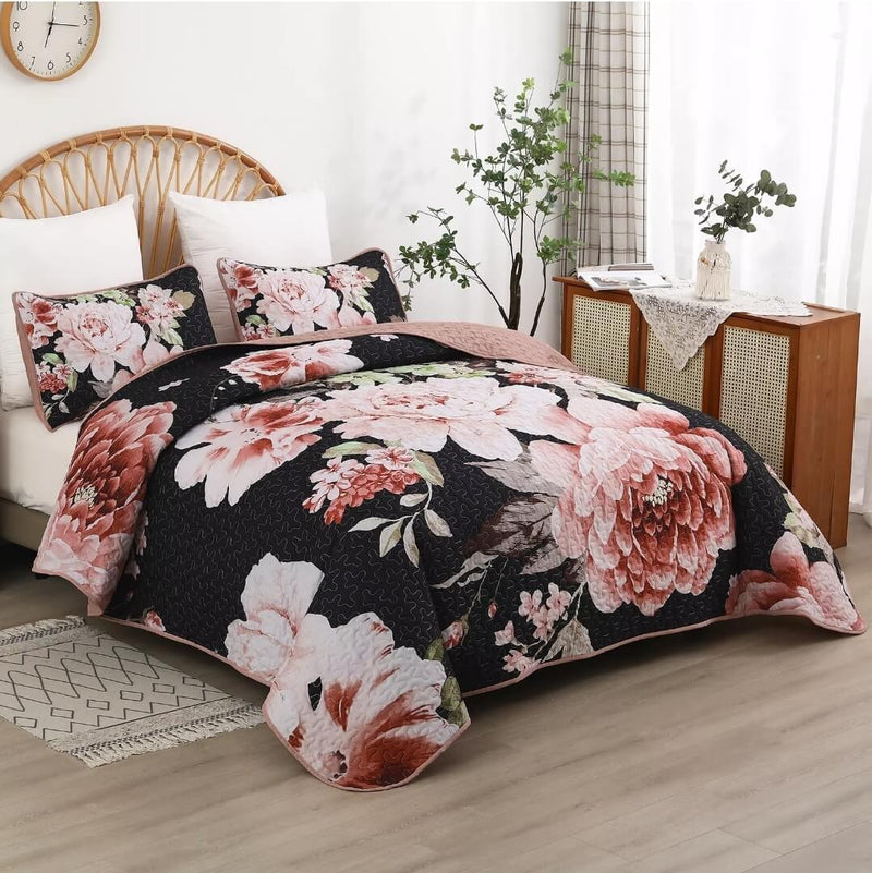 Pink Flower Quilted Bedspread Coverlet Sets (3Pcs)