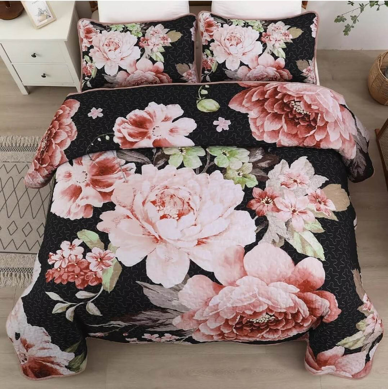 Pink Flower Quilted Bedspread Coverlet Sets (3Pcs)