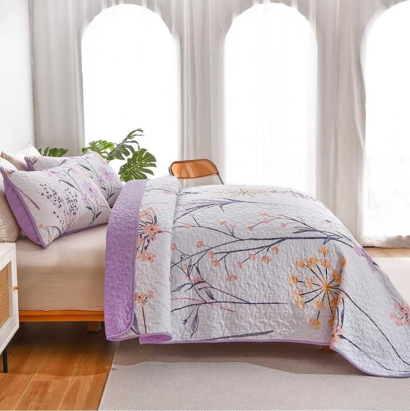 2025 Purple Flower Pattern Coverlet Set-Floral Bedspread Sets (3Pcs)