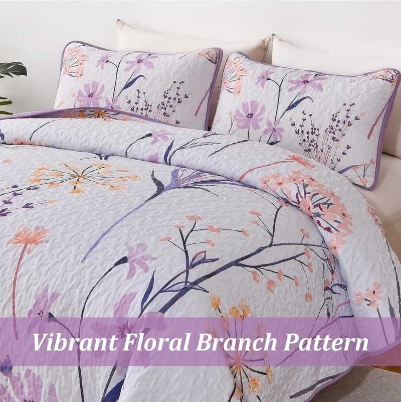 2025 Purple Flower Pattern Coverlet Set-Floral Bedspread Sets (3Pcs)