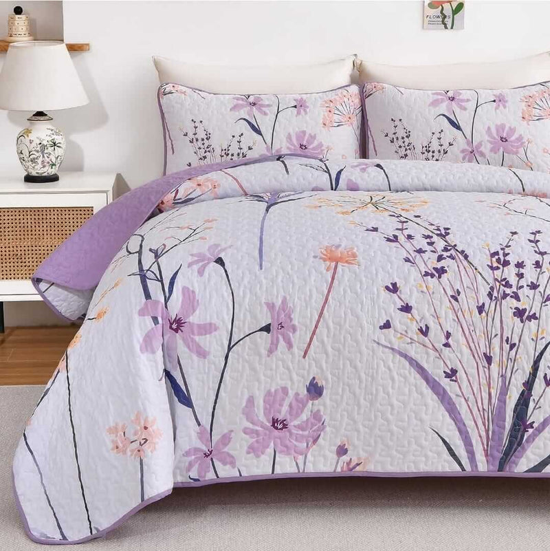 2025 Purple Flower Pattern Coverlet Set-Floral Bedspread Sets (3Pcs)