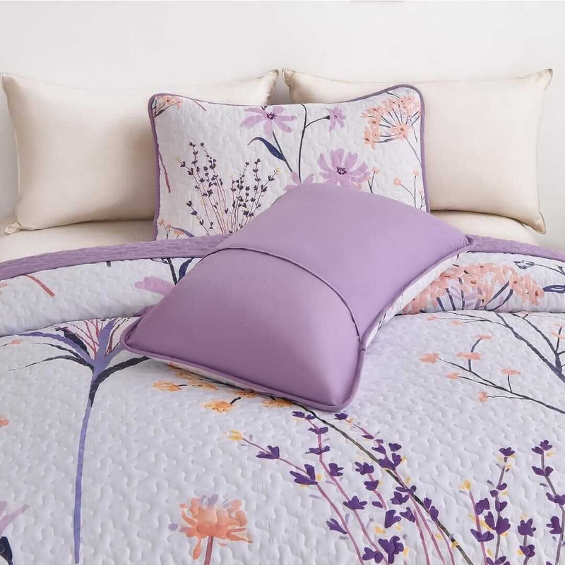 2025 Purple Flower Pattern Coverlet Set-Floral Bedspread Sets (3Pcs)