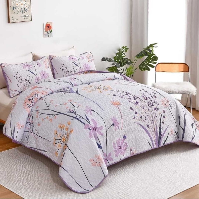 2025 Purple Flower Pattern Coverlet Set-Floral Bedspread Sets (3Pcs)