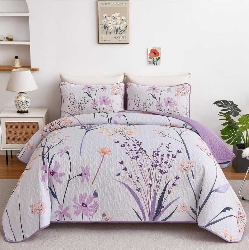 2025 Purple Flower Pattern Coverlet Set-Floral Bedspread Sets (3Pcs)