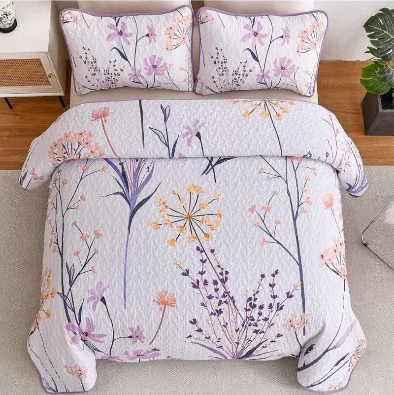 2025 Purple Flower Pattern Coverlet Set-Floral Bedspread Sets (3Pcs)