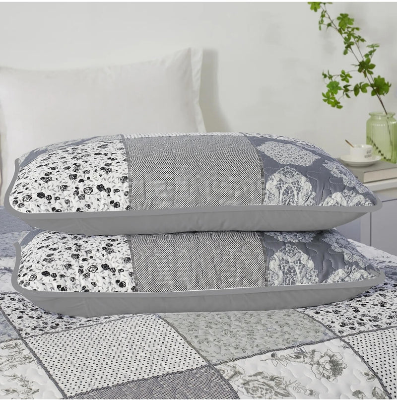 Grey Patchwork Coverlet Set-Floral Quilted Bedspread Sets (3Pcs)