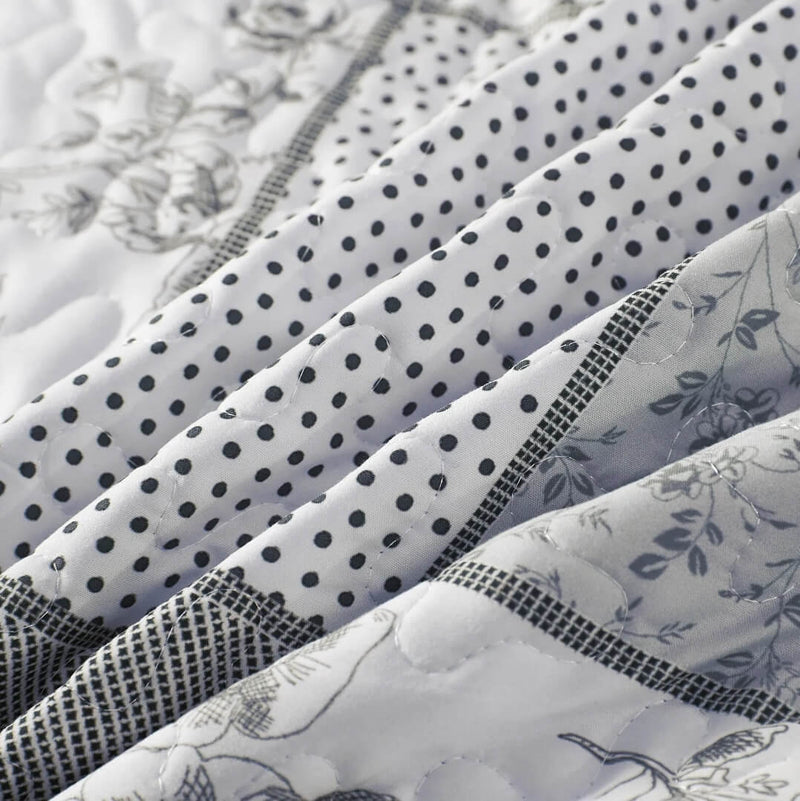 Grey Patchwork Coverlet Set-Floral Quilted Bedspread Sets (3Pcs)