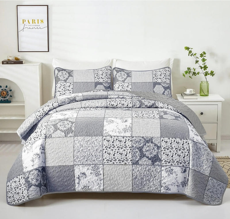 2025 Grey Patchwork Bedspread Set – 3 Piece Quilted Floral Coverlet