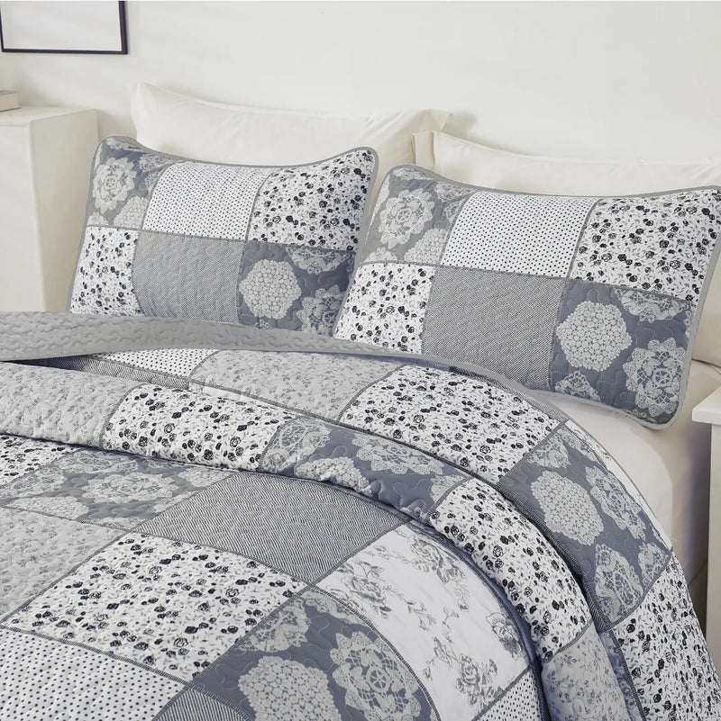 2025 Grey Patchwork Bedspread Set – 3 Piece Quilted Floral Coverlet
